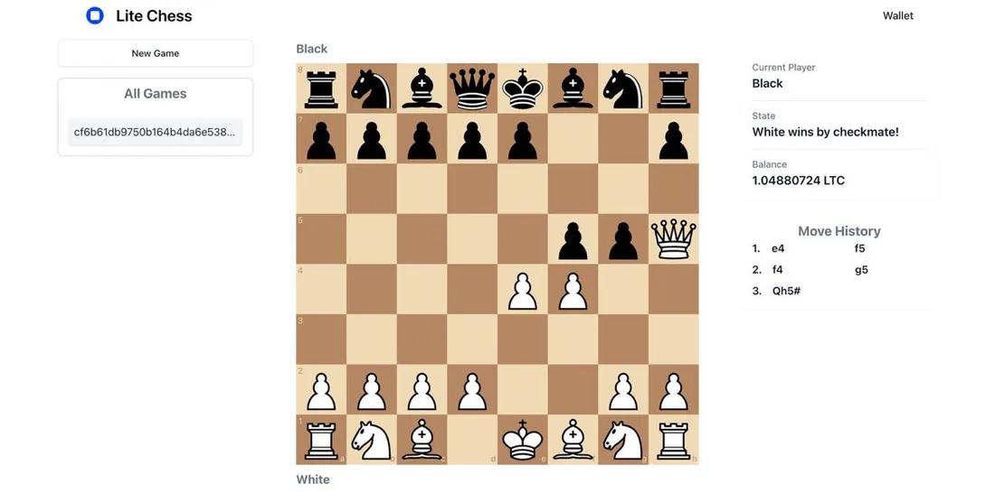 Chess game showing a board, move history and a balance in Litecoin