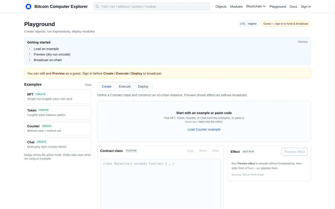 The Bitcoin Computer playground with the Counter smart contract ready to load