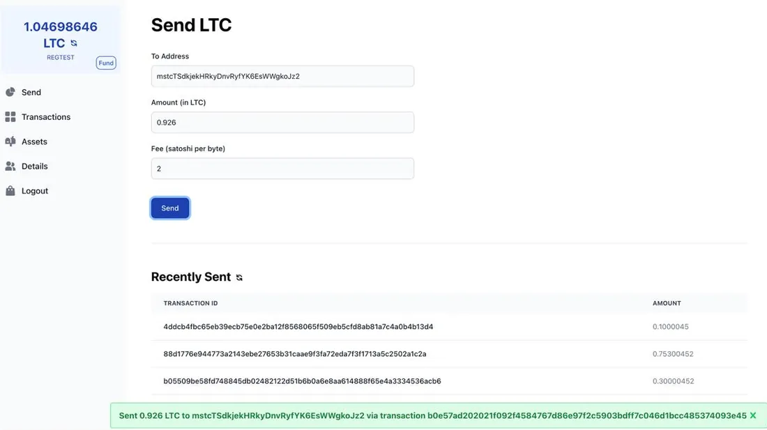 Non-custodial wallet showing a Litecoin balance, a send form and recent transactions